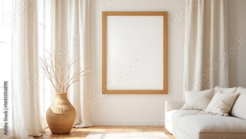 Vertical Wooden Frame Mockup in Cozy Living Room
