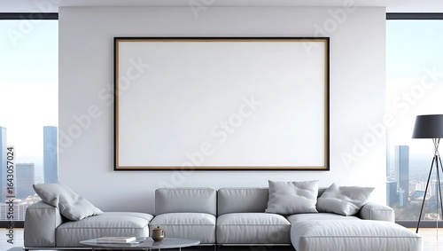 Modern Living Room with Blank Canvas Frame for Artwork Display