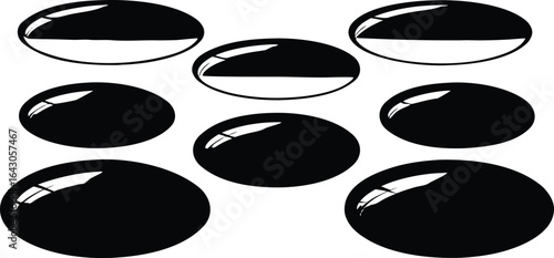 Vector art of a composition of glossy black and white ovals with reflections, creating a modern and abstract visual effect