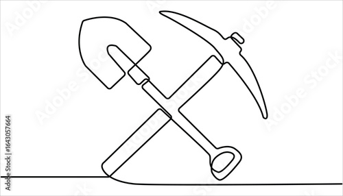 Continuous line drawing art Pickaxe tool Mining Pickaxe concept, Continuous one line drawing pick axe vector illustration, Continuous editable line drawing of pickaxe. One line drawing of pickaxe icon