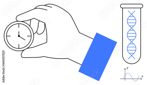 Hand holding small clock beside DNA strand in test tube and mathematical graph. Ideal for biotechnology, time efficiency, research, genetics, science, innovation, education. Simple flat metaphor