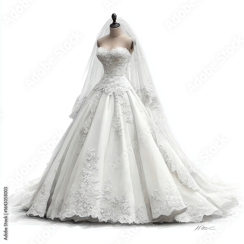 Floral layered wedding dress illustration