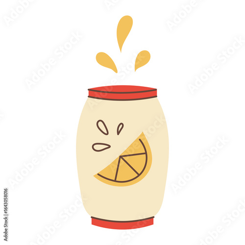 Flat cartoon Lemonade Can drawing. Refreshing summer cold drink with juicy splashes. Hand drawn Vector Illustration for cafe menu, poster, or event design.