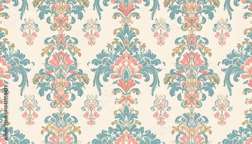 Elegant, repeating damask pattern with teal, pink, and beige floral motifs on a cream background