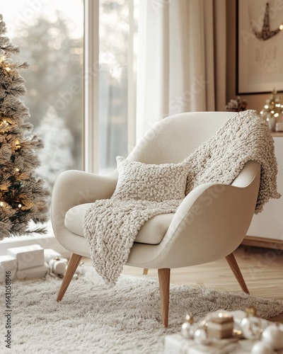 White snuggle chair draped with a woolen blanket, positioned near a decorated Christmas tree, offering a cozy Hygge-inspired interior design for a modern living room. 3D rendering, Generative AI