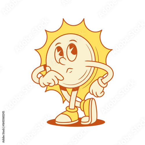 Pensive cute yellow sun cartoon character thinking contoured vector flat illustration. Cheerful playful cute summer sunny sunlight sunshine hot mascot thoughtful making decision solving