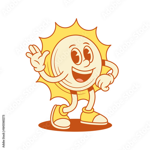 Funny happy yellow sun cartoon character greeting hi contoured vector flat illustration. Cute smiling summer sunny sunlight sunshine mascot welcome hello waving hand positive emotion