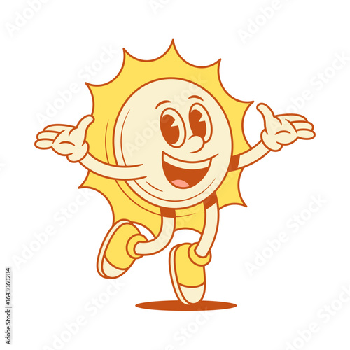 Happy cheerful yellow sun cartoon character welcome contoured vector flat illustration. Smiling overjoyed summer sunlight sunshine vacation mascot jumping with positive emotion