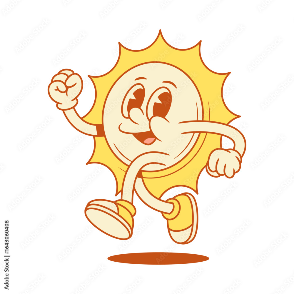 Fototapeta premium Cute cheerful yellow sun cartoon character running escape contoured vector flat illustration. Funky adorable summer sunlight sunshine vacation mascot jogging run away hurrying speed movement