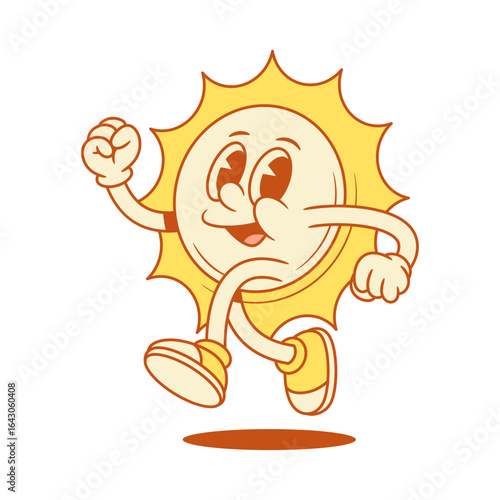 Cute cheerful yellow sun cartoon character running escape contoured vector flat illustration. Funky adorable summer sunlight sunshine vacation mascot jogging run away hurrying speed movement