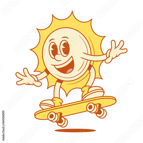 Funny yellow sun cartoon character riding on skateboard contoured vector flat illustration. Cheerful cute summer sunlight sunshine vacation mascot hipster teenager parkour trick on board