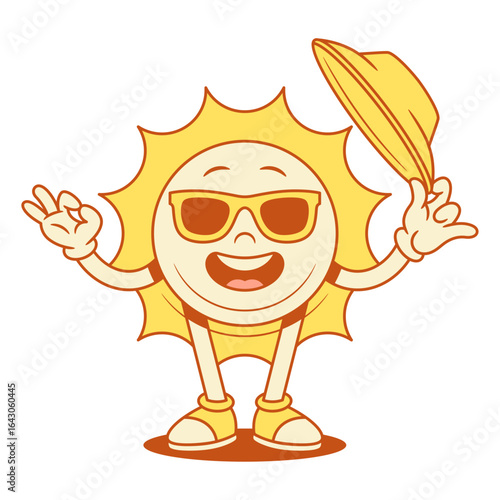 Funky yellow sun cartoon character hat welcome greeting contoured vector flat illustration. Smiling cheerful summer sunlight sunshine vacation mascot in sunglasses friendly happy positive emotion