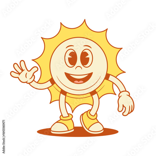 Smiling comic yellow sun cartoon character greeting hi contoured vector flat illustration. Happy cheerful summer sunlight sunshine vacation mascot waving hand welcome hello having fun positive emotion