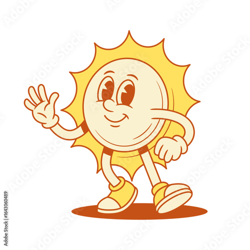 Funny cheerful yellow sun cartoon character hi hello contoured vector flat illustration. Cute comic summer sunlight sunshine vacation mascot greeting waving hand positive friendly welcome gesture