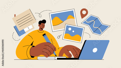 travel blogger writing at a laptop and journaling memories vector illustration