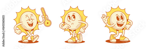 Funny yellow sun cartoon character set contoured vector flat illustration. Smiling summer sunlight sunshine vacation mascot with key pensive hi hello greeting welcome