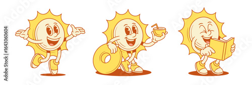 Positive joy yellow sun cartoon character set contoured vector flat illustration. Happy smiling summer sunlight sunshine vacation mascot cocktail lifebuoy rejoice welcome read book