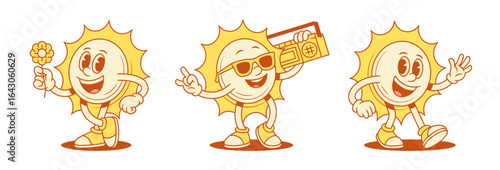Funky comic yellow sun cartoon character set contoured vector flat illustration. Adorable happy summer sunlight sunshine vacation mascot with retro music player flower hi hello greeting