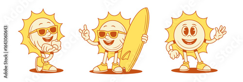 Cheerful comic yellow sun cartoon character set contoured vector flat illustration. Smiling cute summer sunlight sunshine summer mascot in sunglasses with surfboard hi hello