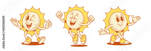 Overjoyed funny yellow sun cartoon character set contoured vector flat illustration. Smiling happy comic summer sunlight sunshine vacation mascot welcome playful rejoice joy