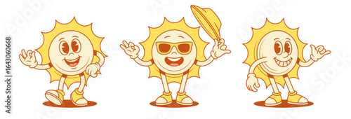Cute smiling yellow sun cartoon character set contoured vector flat illustration. Happy positive summer sunlight sunshine vacation mascot in sunglasses with hat hi hello surf relax gesture