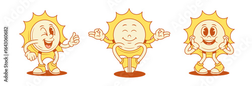 Funky smiling yellow sun cartoon character set contoured vector flat illustration. Happy cute adorable summer sunlight sunshine vacation mascot yoga meditation relax hi hello greeting
