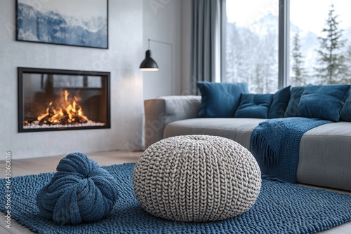 Beige knitted poufs placed near a grey sofa with blue pillows, complemented by a fireplace, creating a warm and cozy winter atmosphere in a Scandinavian home interior. 3D rendering, Generative AI