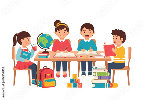 A cheerful flat illustration of four childs sitting at a desk, reading books, studying a globe, and drinking water, with stacks of books and a backpack nearby, symbolizing learning together