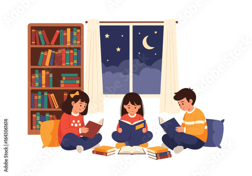 A cozy flat illustration of three children sitting comfortably on pillows in a room with a bookshelf, reading books at night, with a view of the moon and stars outside the window