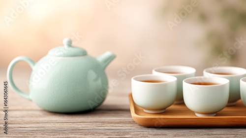 Wallpaper Mural Serene Minimalist Japanese Tea Set on Wooden Tray with Detailed High Angle View and Soft Lighting Torontodigital.ca