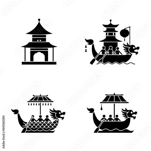 Dragon boat festivals black filled icon set