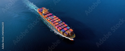 The vibrant container ship navigating through serene ocean waters.