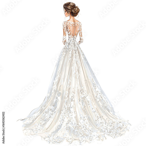 Elegant back view bride in lace wedding dress illustration