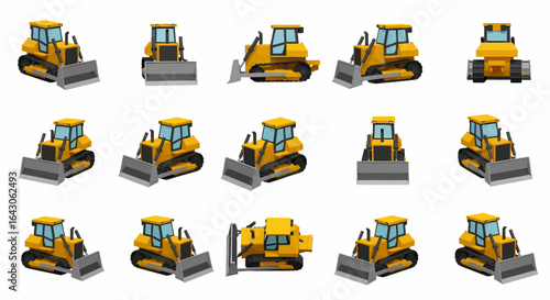 Multiple views of a yellow bulldozer, showcasing various angles and positions.