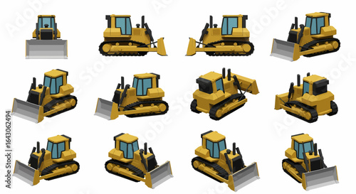 A collection of twelve yellow bulldozer illustrations shown from various angles and perspectives.
