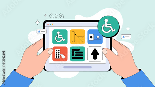 hands holding a tablet showing web accessibility options vector illustration