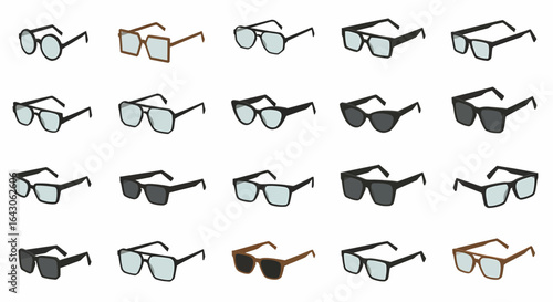 A collection of diverse eyeglasses and sunglasses styles, showcasing various frame shapes and colors.