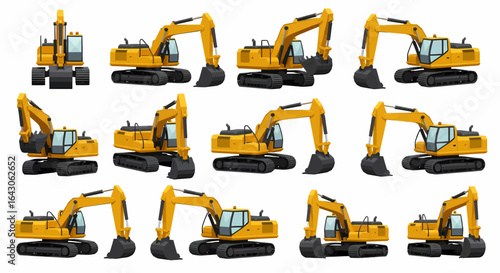 A set of yellow crawler excavator illustrations showing the heavy machinery from multiple angles and perspectives.