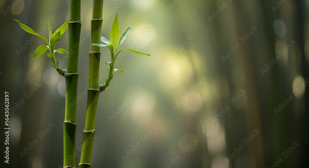 Fototapeta premium Close up of green bamboo stalks with leaves in soft focus