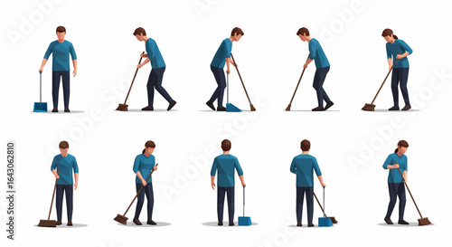 Various people in blue shirts and pants using brooms to clean, in different poses.