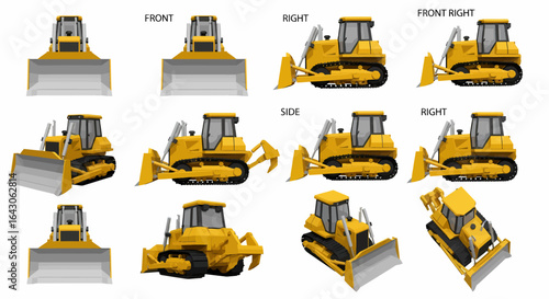 Various perspectives of a yellow bulldozer, showcasing different angles and attachments.