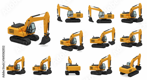 A collection of twelve different perspectives of a yellow excavator, presented against a plain white background.