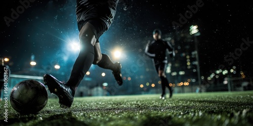 Professional soccer player in a dark stadium at night. Sport action shot with footballer running on urban field.