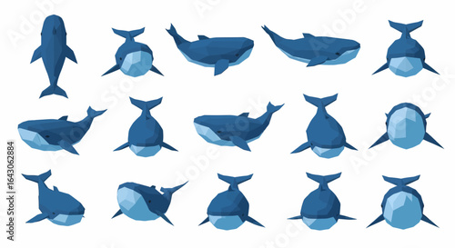 Collection of stylized, polygonal blue whale illustrations in various poses.