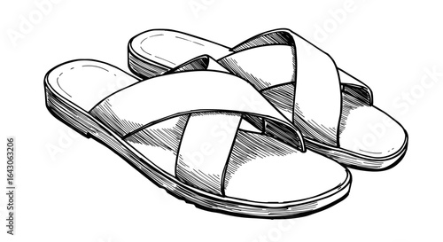 Black and white hand-drawn sketch vector illustration of a pair of sandals on transparent background
