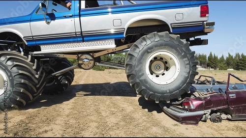 A giant monster truck event crushing cars in a wide dirt field, showcasing power, engineering, and spectacle