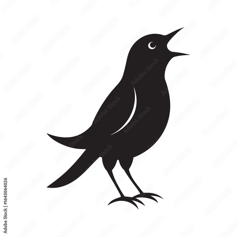 Fototapeta premium A simple black silhouette of a bird with its beak open appearing to sing or chirp standing on its legs