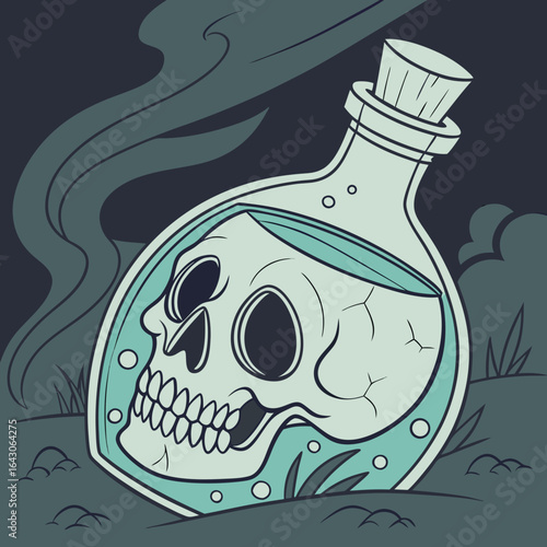 A creepy skull preserved in a glass bottle filled with liquid and corked set against a dark background with wisps of smoke