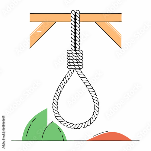 A thick rope with a noose knot hangs from a wooden beam with abstract shapes below