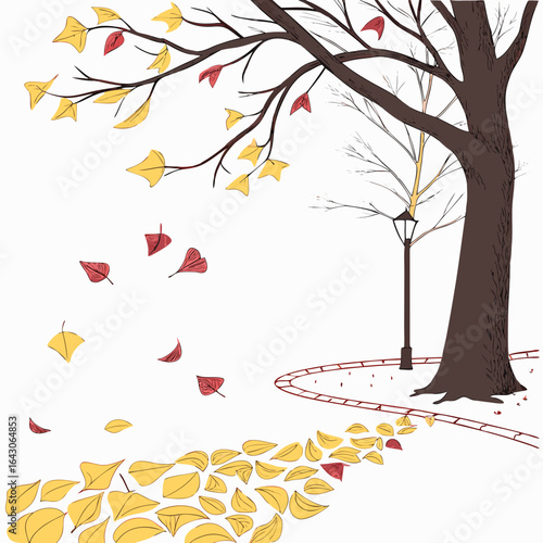 Autumn scene with a large tree falling leaves a lamppost and a curved pathway covered in leaves